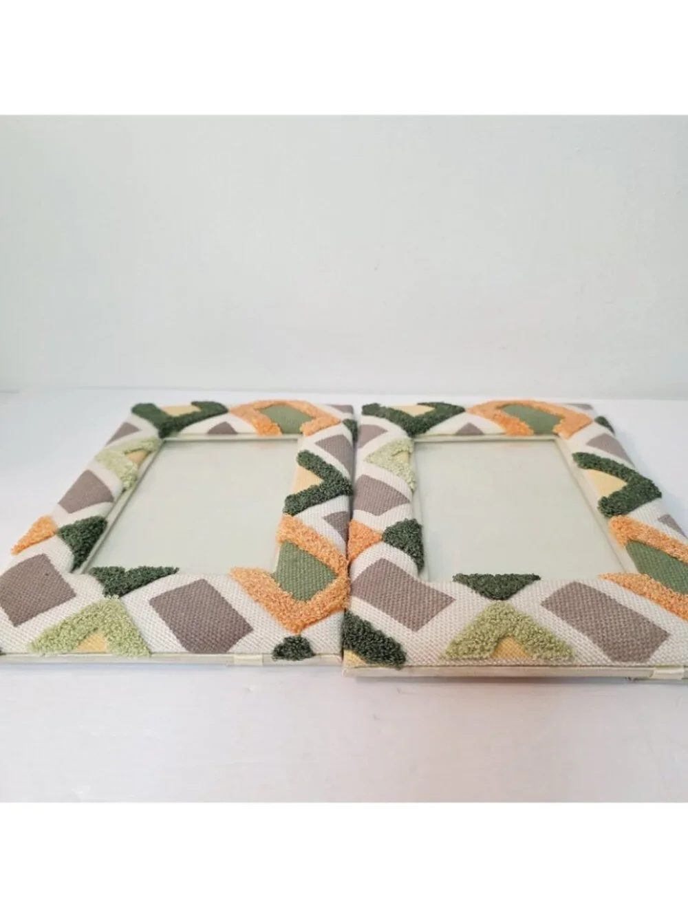 2 Fabric Textured Geometric Design Freestanding Photo Picture Fame Green Brown